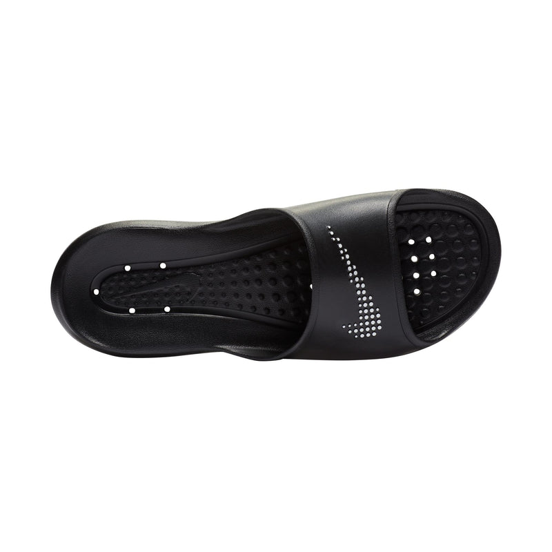 Nike Victori One Shower sandals in black with perforated footbed for drainage and textured strap featuring Nike logo, top view.