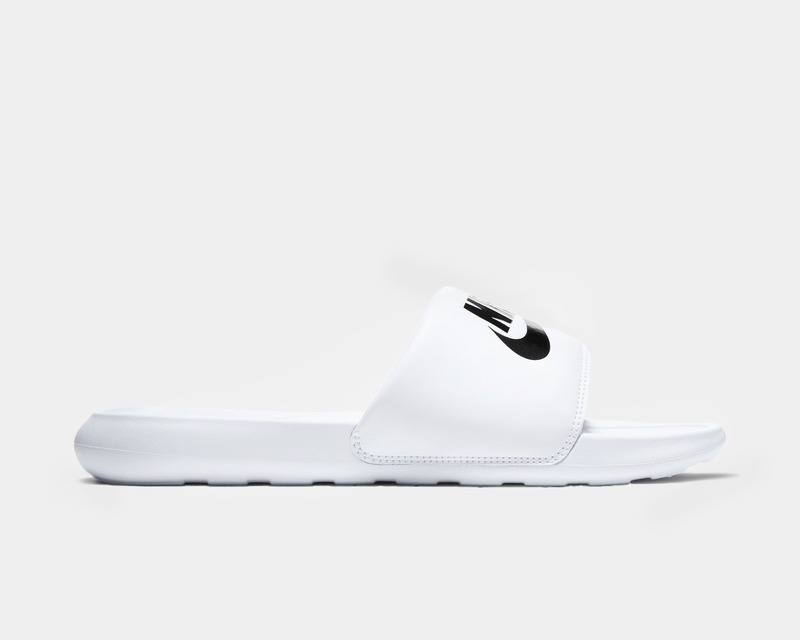 White slide sandal with a brand logo on a light gray background