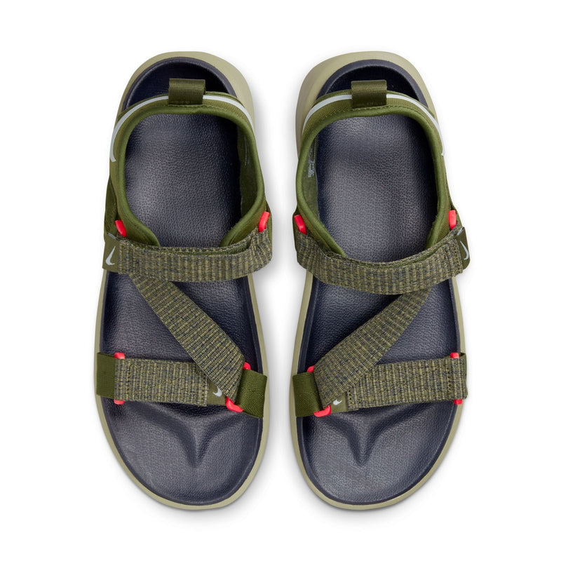 Nike Vista sandals top view showing olive green adjustable straps, textured footbed, and red accent details