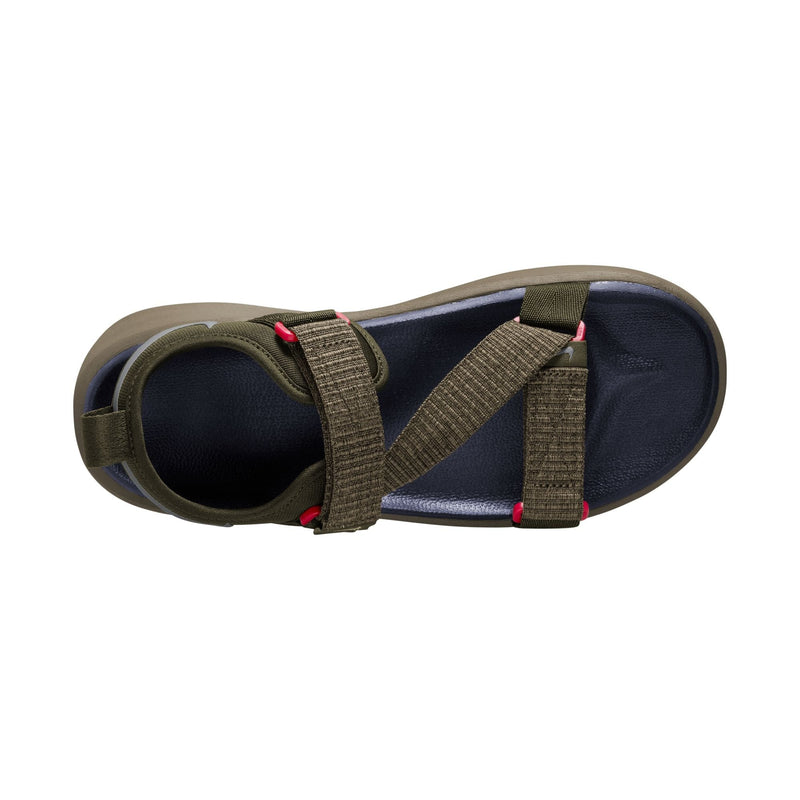 Nike Vista sandals in olive green with adjustable straps, red accents, and cushioned navy footbed, top view.