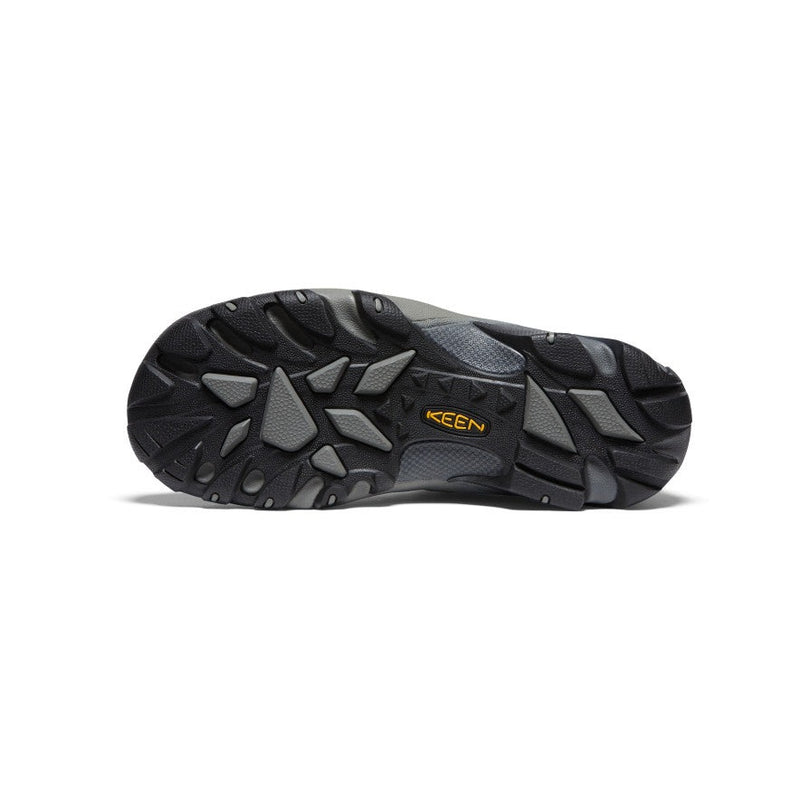 Keen Voyageur hiking shoes outsole in black and gray rubber with deep lugs and textured tread pattern, bottom view.
