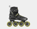 Roces Warp Thread Tiff inline skates in black with lime green wheels, durable mesh upper, and secure buckle closure, side view.