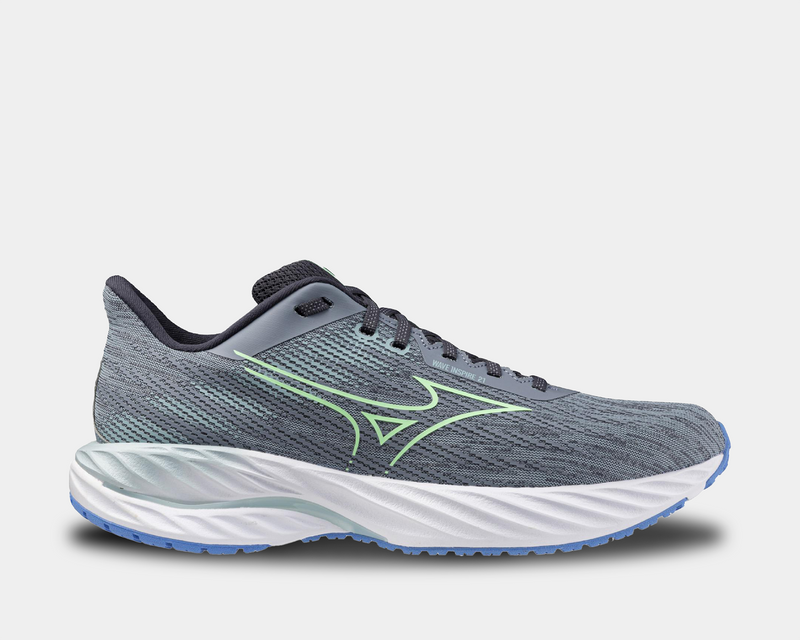 Mizuno Wave Inspire 21 running shoes in gray with green detailing, breathable mesh upper, and cushioned white sole, side view.