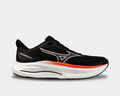 Mizuno Wave Inspire 22 running shoes in black with red and white accents, featuring a breathable mesh upper and cushioned midsole, side view.