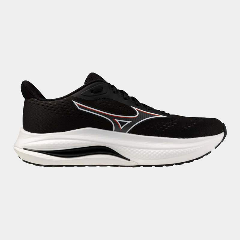 Mizuno Wave Inspire 22 running shoes in black with a breathable mesh upper, red and white accents, and cushioned white midsole, side view.