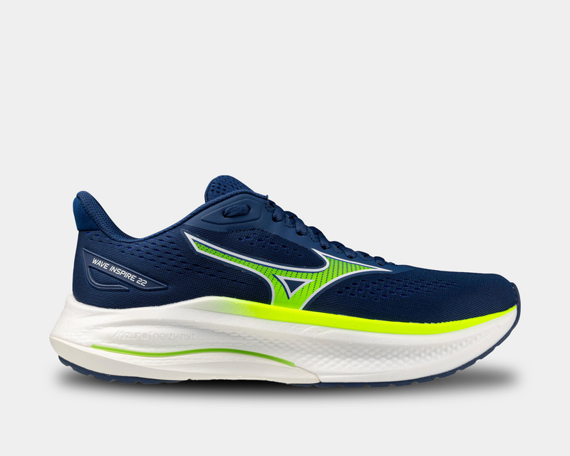 Mizuno Wave Inspire 22 running shoes side view featuring a navy blue mesh upper, lime green accents, and cushioned white sole.