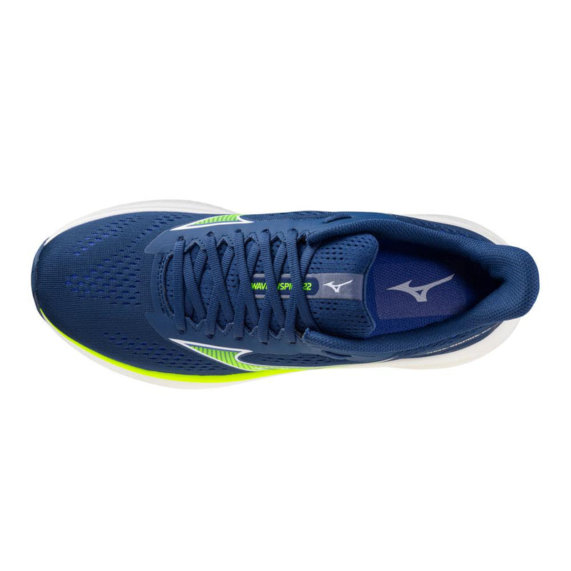 Mizuno Wave Inspire 22 running shoes in blue with a breathable mesh upper, neon yellow accents, and lace-up closure, top view.