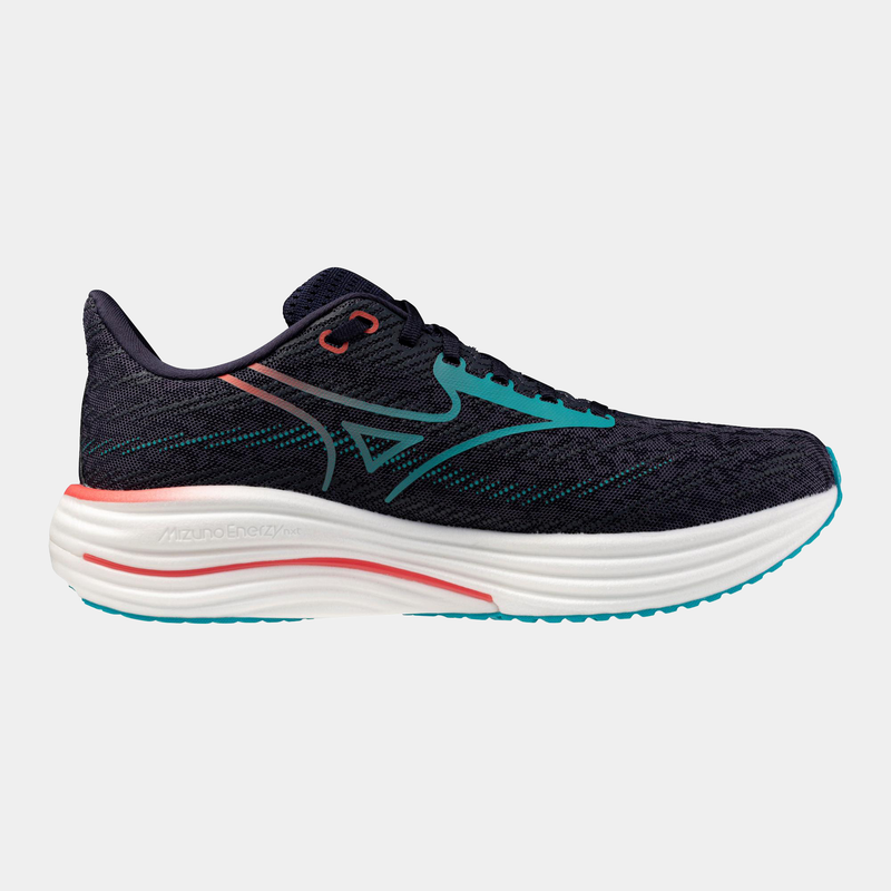 Mizuno Wave Rider 29 running shoes in navy with coral and teal accents, side view showcasing mesh upper and cushioned midsole.