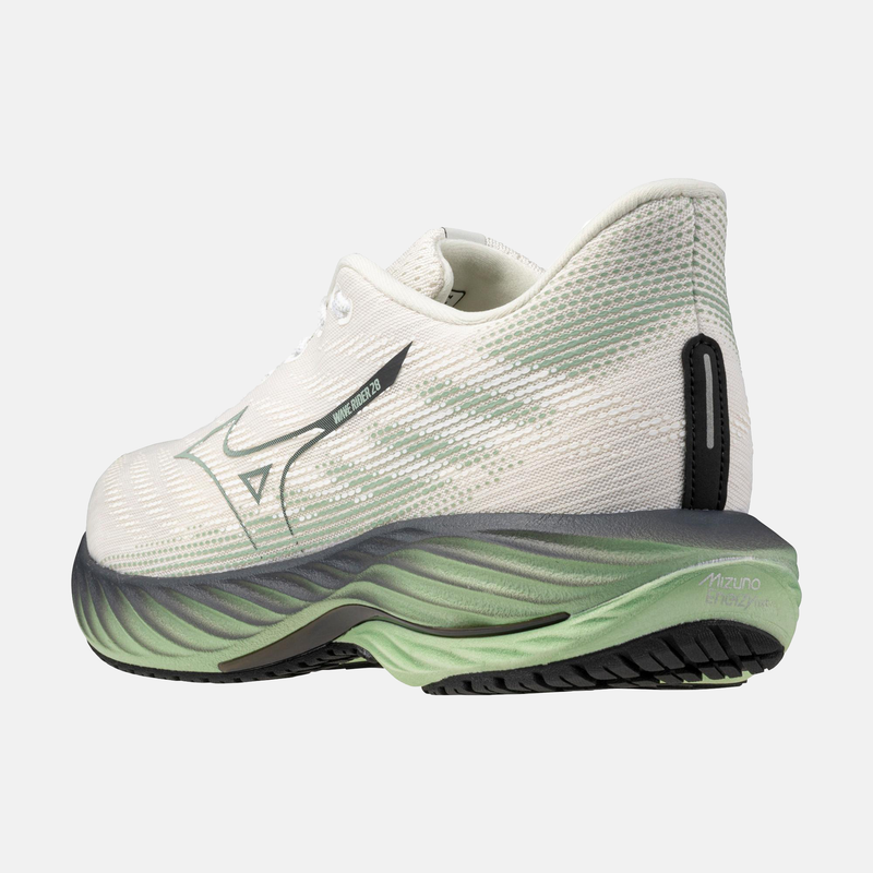 Mizuno Wave Rider 29 running shoes, side view showing white and green mesh upper with gradient EVA midsole and rubber outsole.