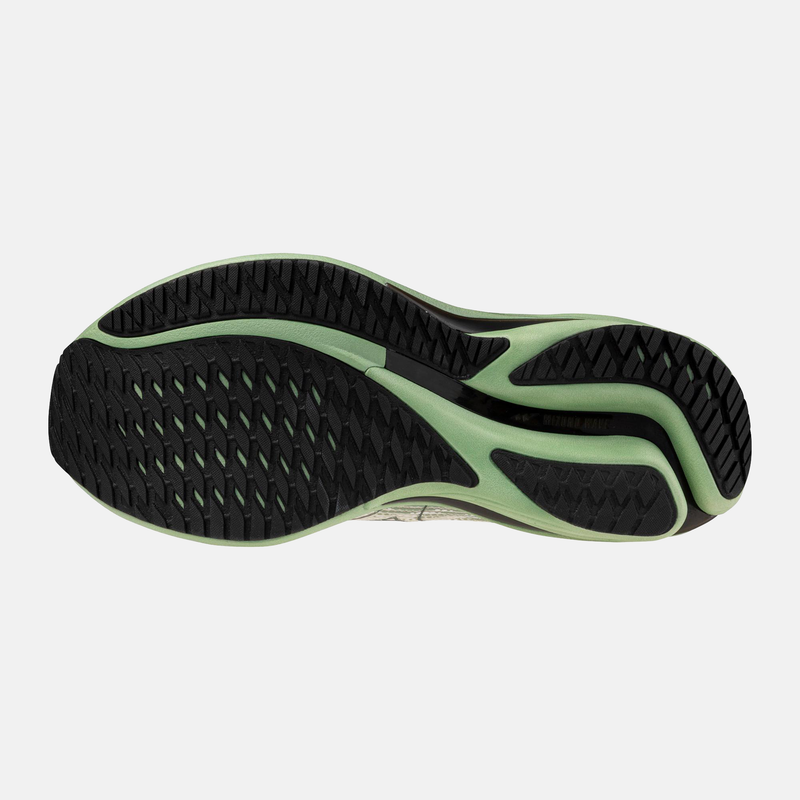 Mizuno Wave Rider 29 running shoes outsole with durable black rubber and green midsole, highlighting flex grooves and tread pattern.