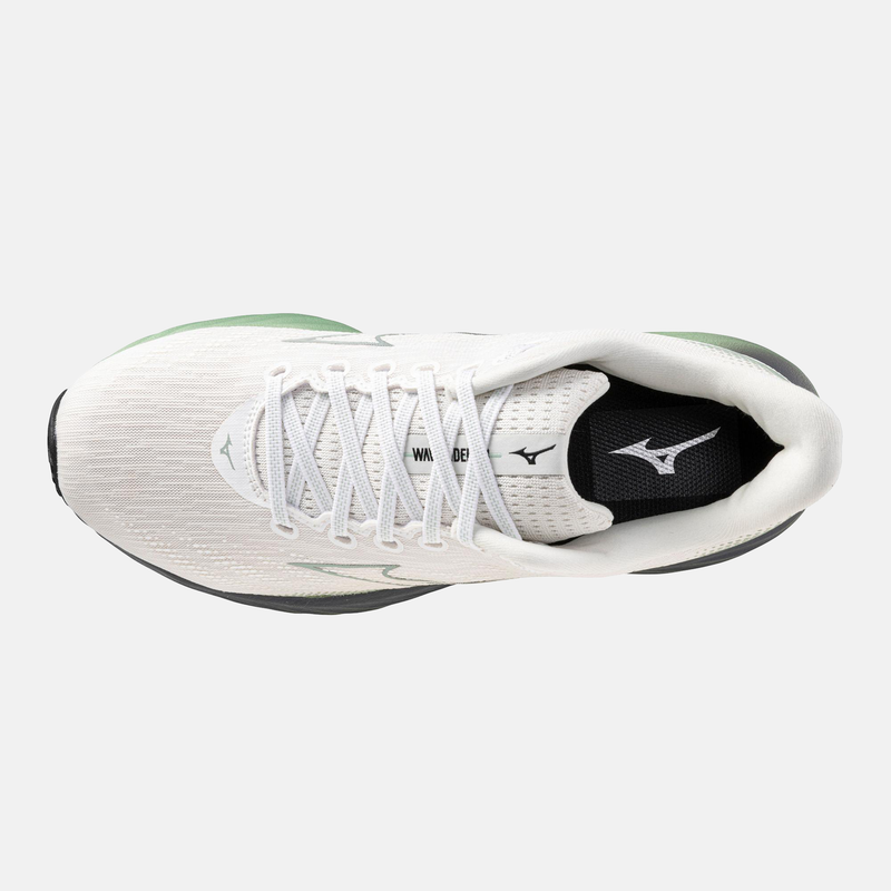 Mizuno Wave Rider 29 running shoes in white with green accents, breathable mesh upper and lace-up design, top view.