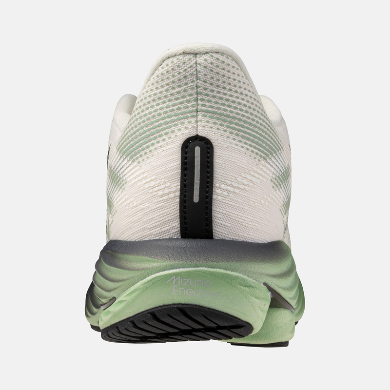 "Mizuno Wave Rider 29 running shoes in white and green with Mizuno Enerzy Foam midsole, back view highlighting heel design"