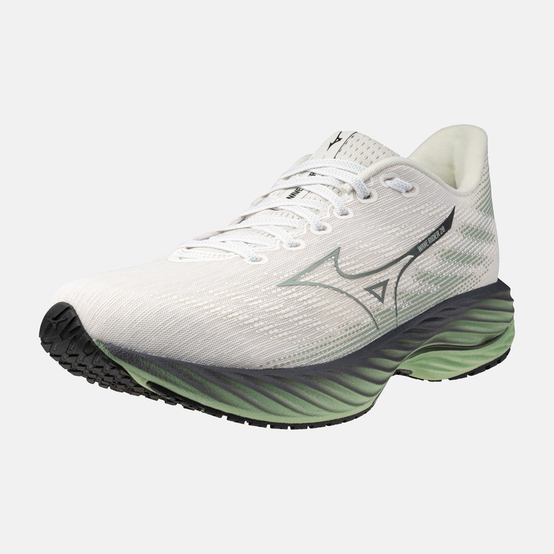 Mizuno Wave Rider 29 running shoes in white with a breathable mesh upper, green gradient midsole, and black outsole, front-side view.