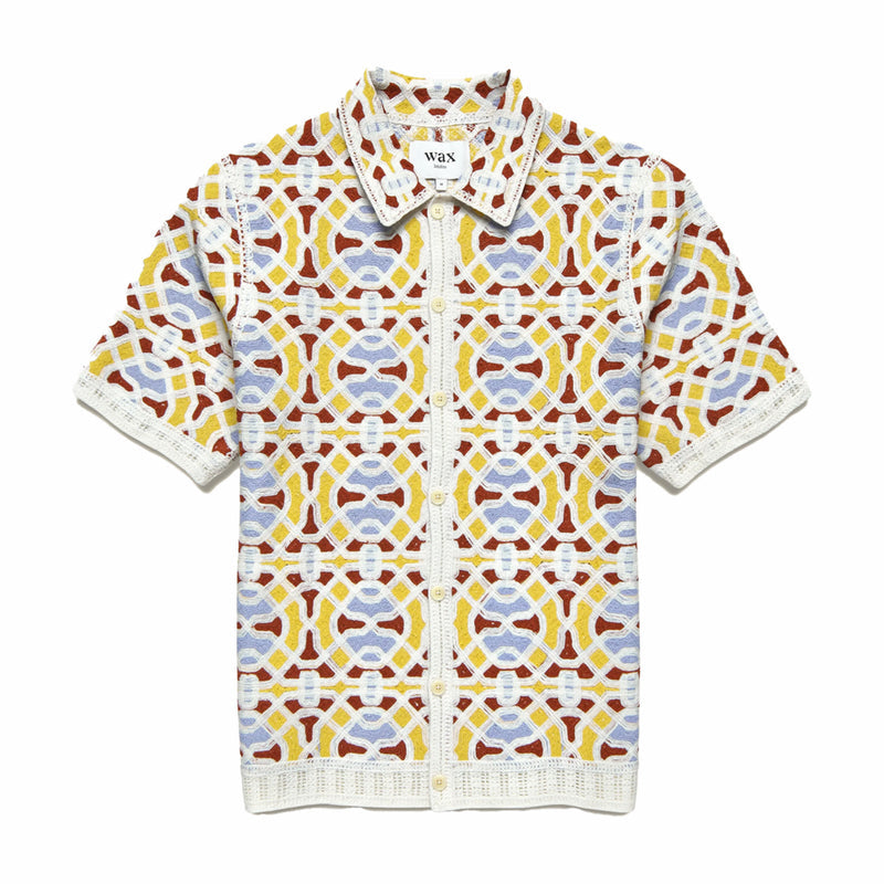 Wax London Dorset Short Sleeve Shirt - Geo Tile Crochet (Ecru/Multi) - August Shop