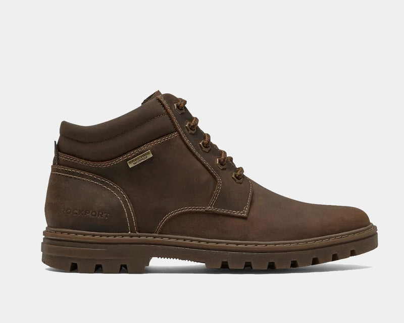 Rockport Weather or Not Waterproof Boot in brown leather with waterproof construction and lace-up design, side view.