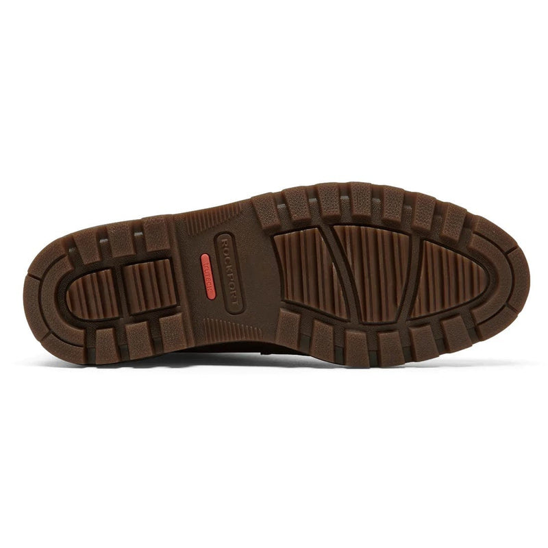 Rockport Weather or Not Waterproof Boot outsole showing durable tread pattern in brown rubber, sole/bottom view.