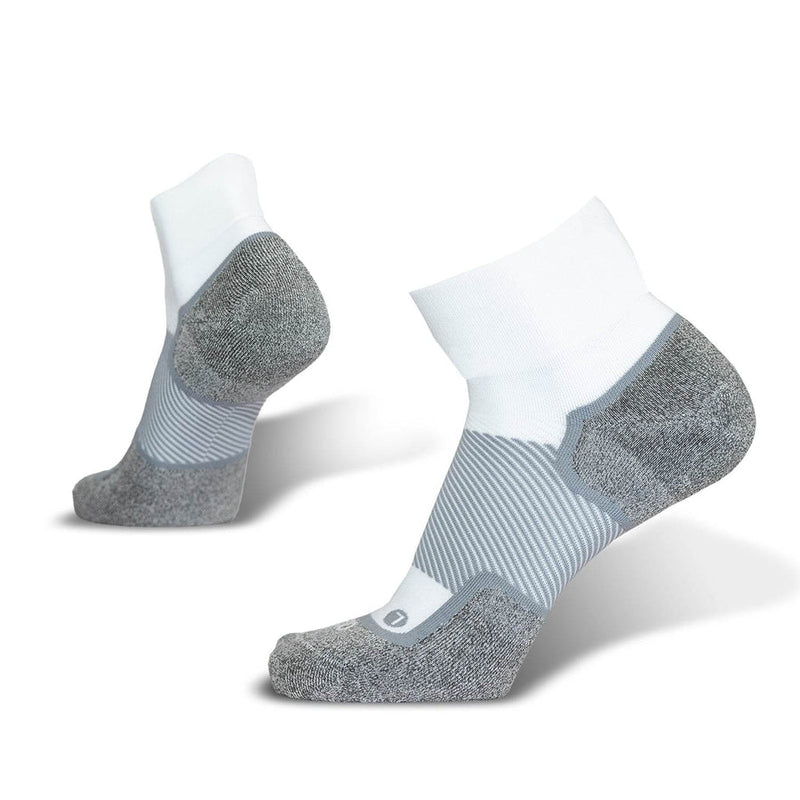 OS1st Wellness Performance Quarter Socks in white and gray with reinforced heel and toe and striped arch compression.
