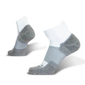 OS1st Wellness Performance Quarter Socks in white and gray with reinforced heel and toe and striped arch compression.