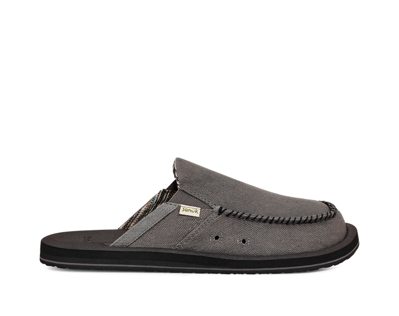 Sanuk You Got My Back St Hemp slip-on shoes in gray hemp fabric with moccasin-style stitching and collapsible heel, side view.