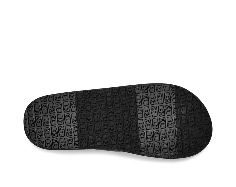 Sanuk You Got My Back St Hemp shoes outsole featuring black rubber with smiley face pattern, sole/bottom view.