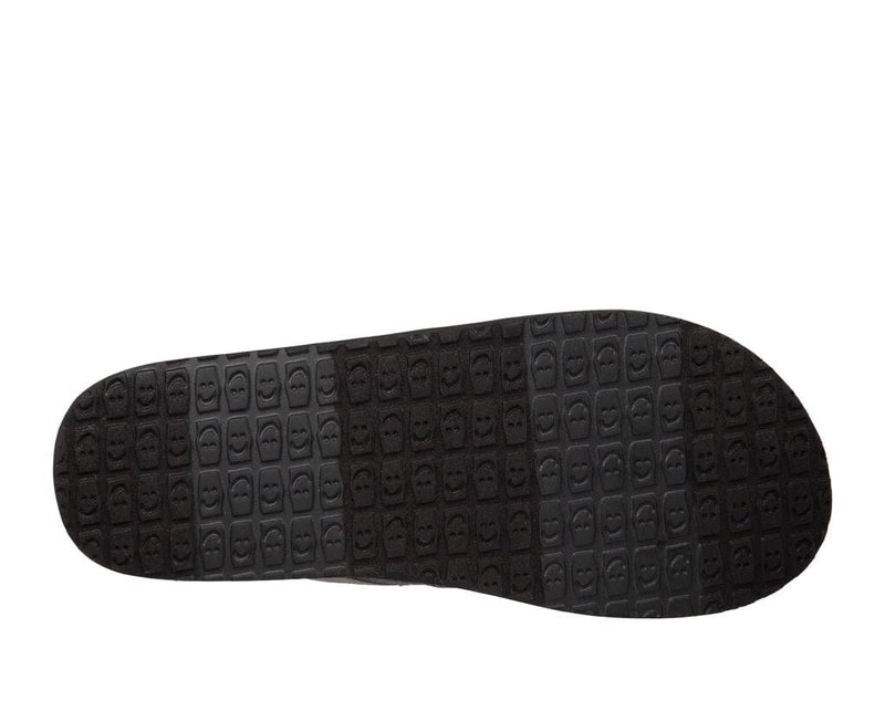 Sanuk You Got My Back III outsole with textured grid pattern featuring smiley face design, sole/bottom view in black.