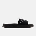New Balance Zare Comfort sandals in black with textured strap design and cushioned sole, side view.