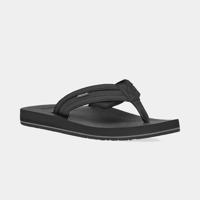 Sanuk Ziggy sandals in black with padded thong straps and durable sole, angled front view.