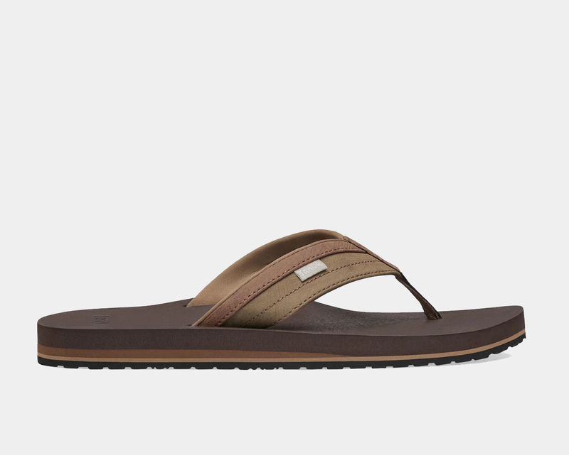 Sanuk Ziggy sandals in brown and tan with fabric straps and cushioned footbed, side view.