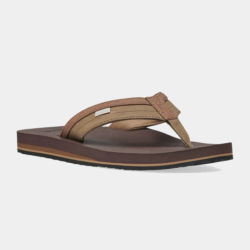 Sanuk Ziggy sandals in brown and tan with a cushioned footbed and durable sole, angled front side view.